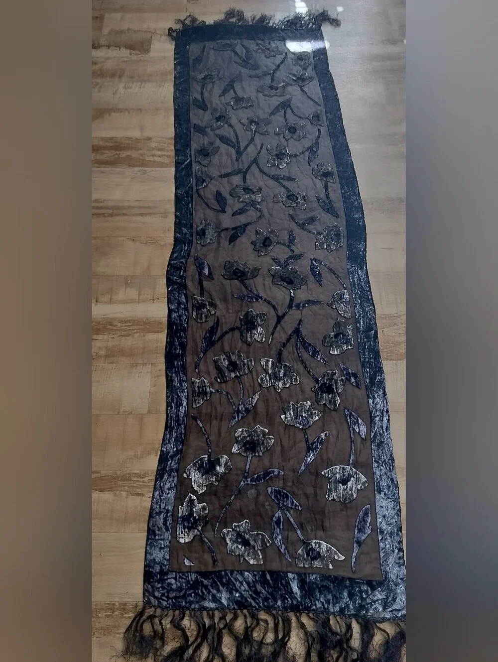 Black Floral Velvet Accented Scarf with Fringe